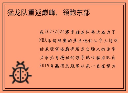 猛龙队重返巅峰，领跑东部