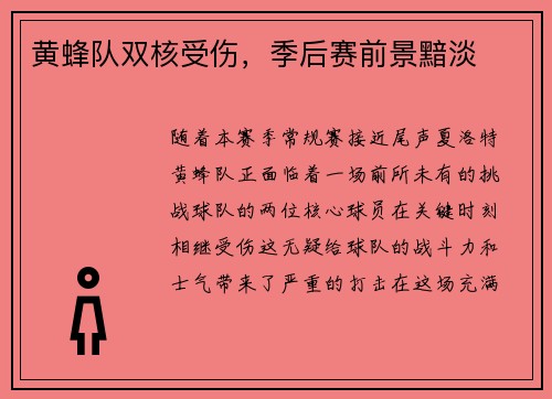 黄蜂队双核受伤，季后赛前景黯淡