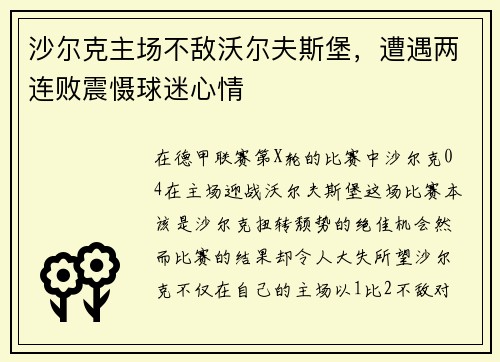 沙尔克主场不敌沃尔夫斯堡，遭遇两连败震慑球迷心情
