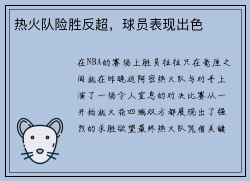 热火队险胜反超，球员表现出色