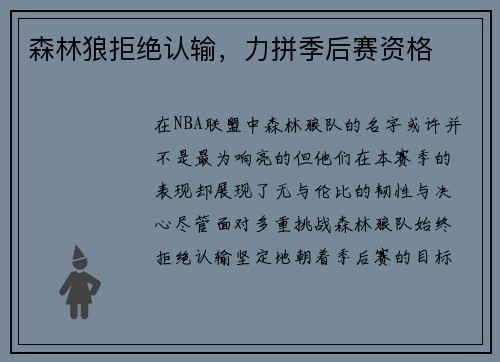 森林狼拒绝认输，力拼季后赛资格